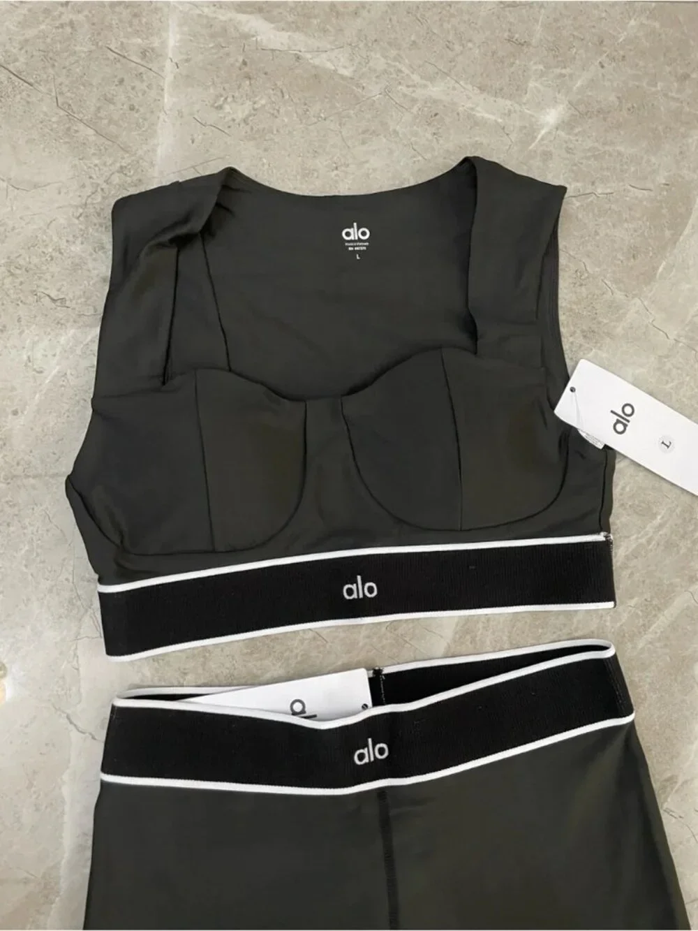 ALO Yoga Black Legging and Crop Top Set with White Trim